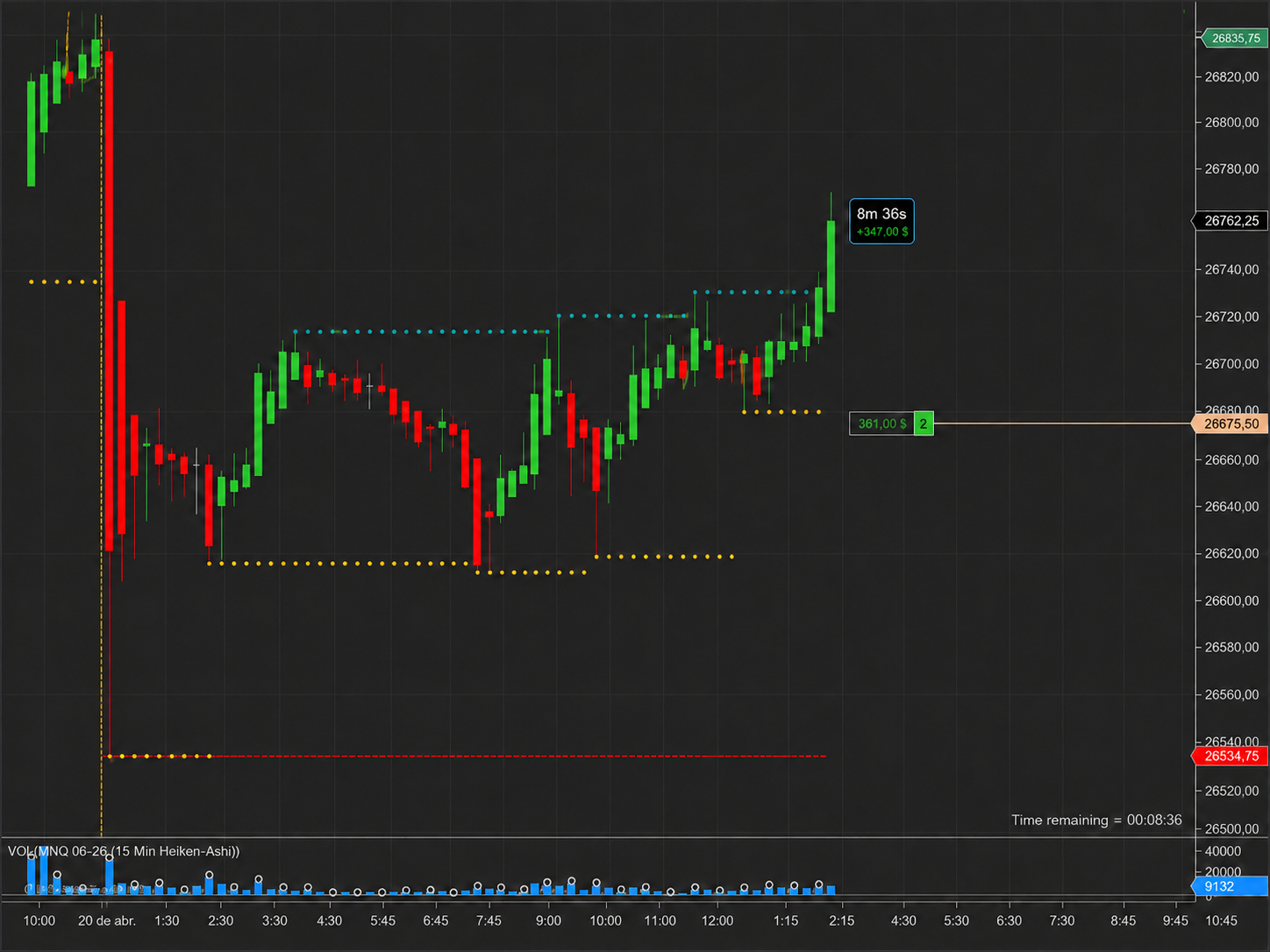Raido Bar Time Label mostrando PnL no realizado positivo bajo el tiempo restante