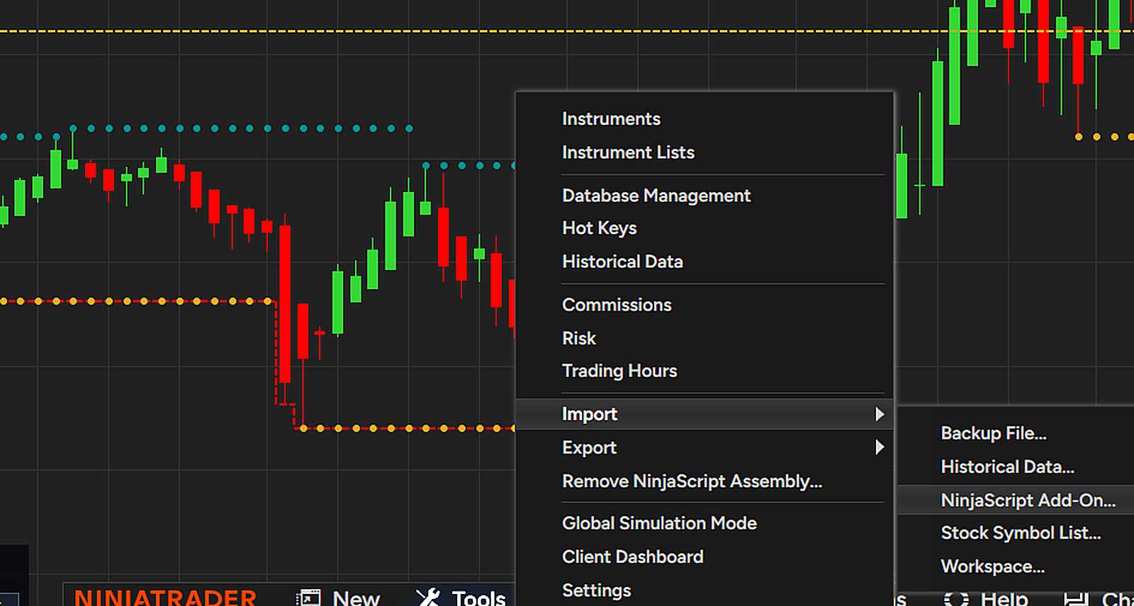 NinjaTrader 8 mostrando el menú Tools, Import y NinjaScript Add-On